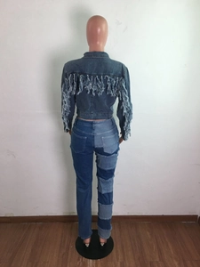 Vue détaillée du dos d'une veste en jean avec franges denses sur les manches et le dos