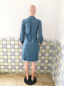 Detail of frayed hem and vertical back pleat on this long-sleeve blue denim dress