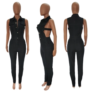 Slim fit sleeveless black denim romper with lapel collar and side cut-out details