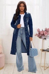 Deep blue longline denim duster coat with vintage metal buttons and distressed details