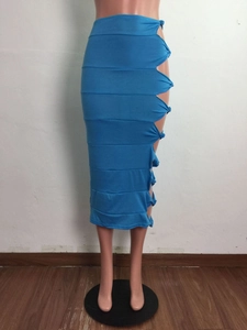 Detail of royal blue midi skirt featuring sexy side hollow-out and knotted cutouts
