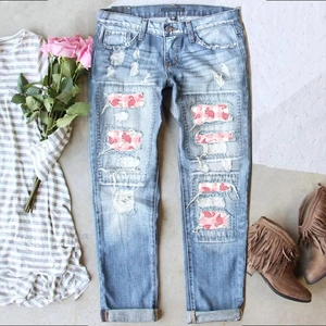 Women Casual Ripped Straight Leg Jeans Mid Waist Denim Pants With Flamingo Orchid Floral Patches Fashion Washed Blue Trousers