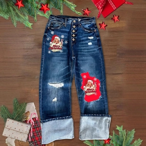 Deep blue Christmas jeans with vintage Santa Claus print and distressed ripped cuffs