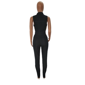 Slim fit sleeveless dark denim jumpsuit for women featuring a back view with waist seam detail