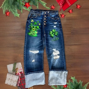Dunkelblaue Straight-Leg-Jeans mit St. Patrick's Day Prints und Rissen im Stoff