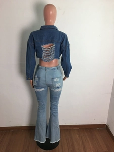 Détails de veste en jean courte avec déchirures au dos et finitions à bords francs