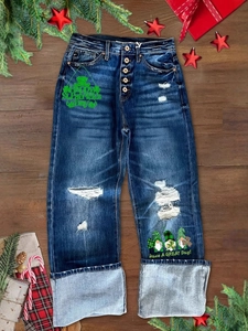 Distressed dark blue wide leg jeans with St. Patrick's Day gnome print and button fly