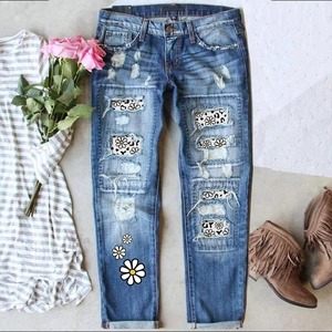 Women Casual Washed Blue Ripped Jeans Distressed Orchid Floral Print Straight Leg Denim Pants Leopard Patch Mid Waist Trousers