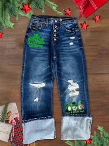 Deep blue washed high-waist jeans with St. Patrick's Day gnome print and ripped details