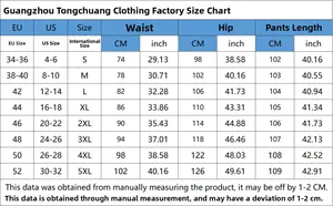 Detailed size chart for clover print jeans with EU/US measurements from S to 5XL