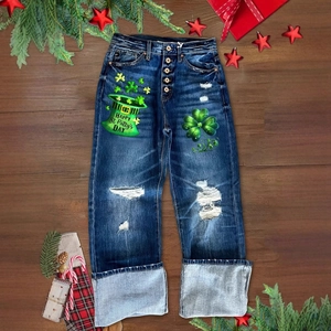 St. Patrick's Day Straight-Jeans mit Kleeblatt-Print und modischen Rissen im Stoff