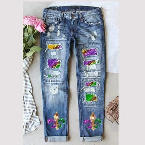Damen Straight Jeans mit Rissen, Pailletten-Leopardenmuster und Iris-Stickerei