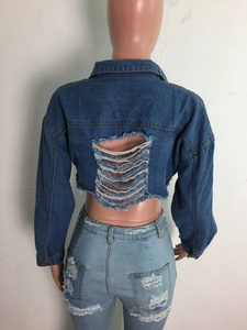 Vue arrière d'une veste en jean courte avec des détails déchirés et des franges