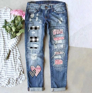 Jeans Déchirés Femme Coupe Droite Pantalon Denim Bleu Imprimé Cœur Patchwork Plaid Paillettes Rose Lavé Streetwear Rétro
