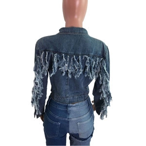Vue détaillée du dos d'une veste en jean courte avec de longues franges et bords usés