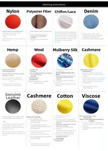 Detailed washing instructions and laundry care symbols for various textile fabrics
