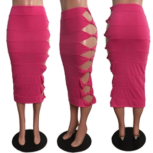 Detail of rose red high waist midi skirt featuring side hollow-out knotted design