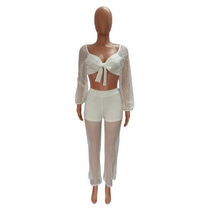 Detailed view of the white mesh long-sleeve tie-front crop top with see-through fabric texture