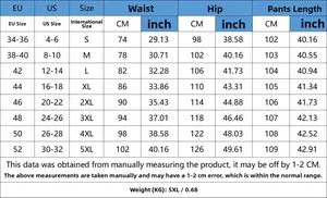 Size chart for Christmas denim pants with EU, US, and international measurements S to 5XL