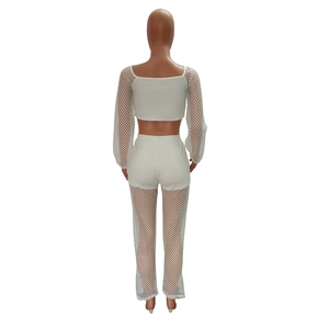 Detailed back view of white mesh hollow-out two-piece beach set for women