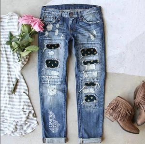 Women Casual Ripped Straight Leg Jeans Star Print Distressed Washed Cotton Denim Pants For Daily Streetwear