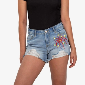 Women Sexy Distressed Ripped Denim Shorts Light Blue Mid Waist Raw Hem Embroidered Fireworks Stars Fashion Jean Shorts