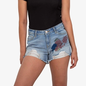 Pantaloncini Denim Strappati da Donna Stampa Bandiera Americana Frange Sexy Vita Media Pantaloncini di Cotone per Spiaggia