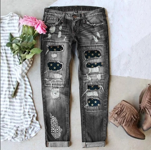 Frayed straight-leg jeans in dark gray with star patches and Kentucky letter print