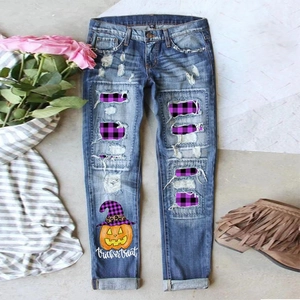 Women's Halloween Distressed Jeans Washed Cotton Ripped Denim Pants With Pumpkin Skull Prints Street Casual Straight Pants