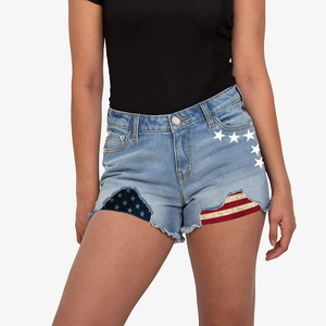 Short en Jean Sexy pour Femmes Avec Motif Étoile et Drapeau Américain Bord Effiloché Short Court Décontracté Été