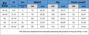 Detailed size chart for women's ripped denim shorts with US and EU conversion measurements