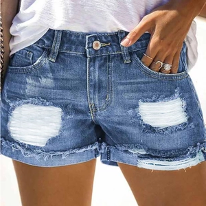 Short en Denim Déchiré à Taille Haute pour Femmes Ourlet Roulé Effiloché Short en Denim de Coton Lavé Mode Streetwear Shorts Décontractés