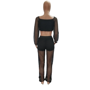 Detail view of the back of black mesh two-piece beach set with long sleeves and sheer texture