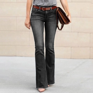 Women's high waist dark grey flared jeans with vintage washing and brown leather belt