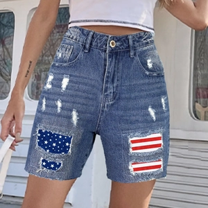 Short en jean taille haute pour femme avec patch drapeau américain et bords crus