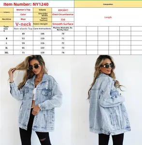 Tableau des tailles et détails du tissu pour veste en jean femme avec effet usé