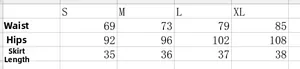Size chart detail for slim fit denim mini skirt showing waist and hip measurements