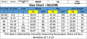 Detailed size chart for high waist denim shorts including waist and hip measurements