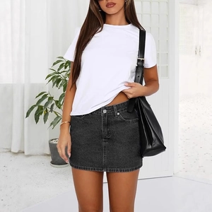 Slim fit denim skirt with white T-shirt and black leather bag for casual summer style