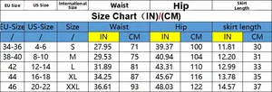 Detailed size chart for women denim skirt featuring EU and US measurements in cm and inches