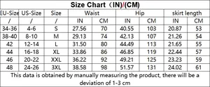 Detailed size chart for high waist denim shorts with US and EU measurements