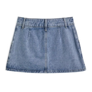 Detailed back view of light blue A-line denim skirt showing belt loops and stitching