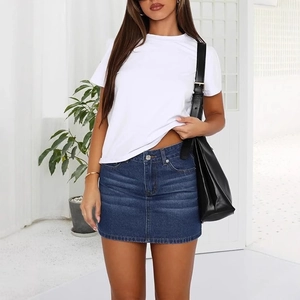 Slim fit high waisted blue denim mini skirt with whiskered finish and side buttons