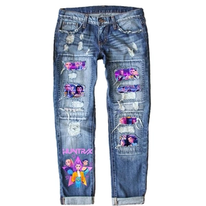 Women Streetwear Ripped Printed Straight Leg Jeans Mid Waist Distressed Washed Denim Pants With Anime Character Graphic