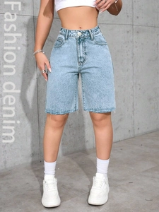 Women High Waist Bermuda Denim Shorts Raw Hem Washed Wide Leg Stretchy Five-Point Jean Shorts Streetwear Casual Bottoms