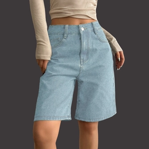 Women High Waist Denim Bermuda Shorts Elastic Wide Leg Straight Loose Casual Jean Shorts Vintage Washed Streetwear Bottoms