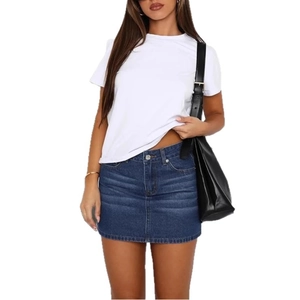 Slim fit denim mini skirt with washed texture paired with a casual white t-shirt
