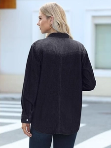 Relaxed fit dark gray washed denim shirt for women with V-shaped back yoke detail