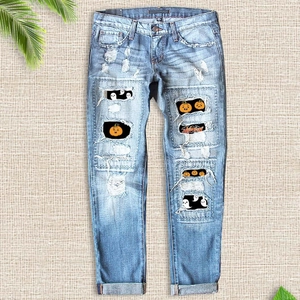 Women's Halloween Ripped Jeans Straight Leg Cotton Blend Washed Denim Pants Pumpkin Ghost Print Casual Holiday Trousers