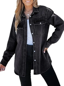 Oversized black-grey washed denim jacket for women with chest flap pockets and buttons